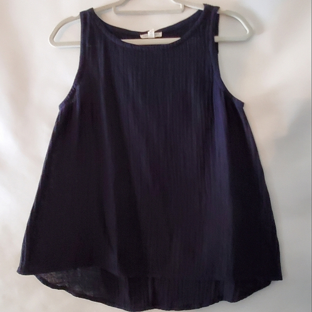 Eileen Fisher Organic Cotton Gauzy Top Size PL Midnight Blue Hi-Low Hem A-line
